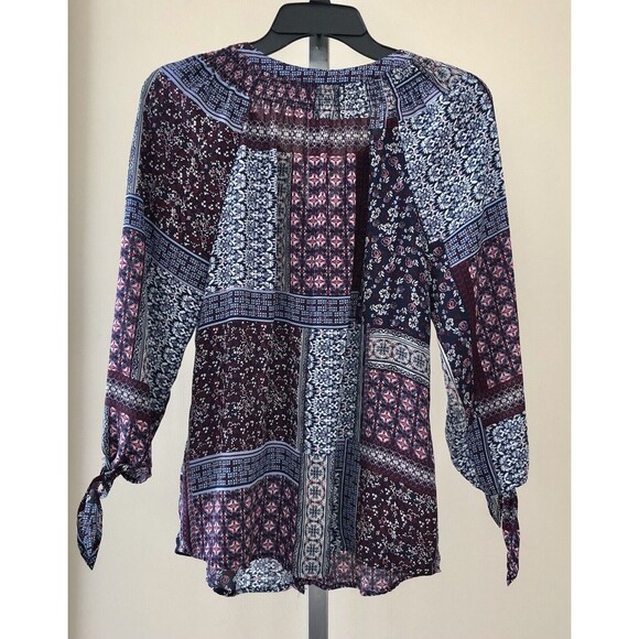 Westport Women Button-Down Shirt Medium Boho Patchwork shirt 3/4 Tie Sleeves - Picture 3 of 9